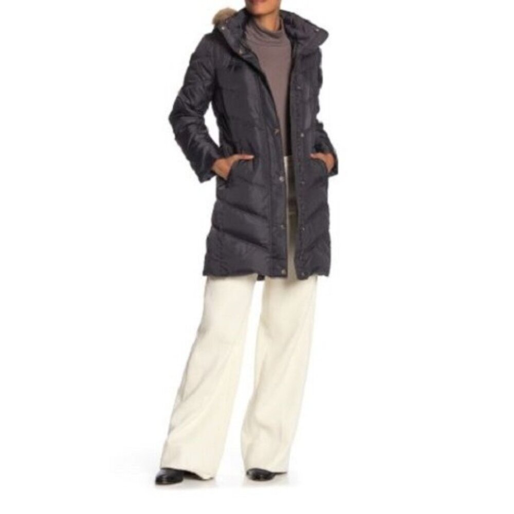 Michael Kors Missy 3/4 Down Faux Fur Hooded Quilted Jacket Gun Metal SZ XS NWT